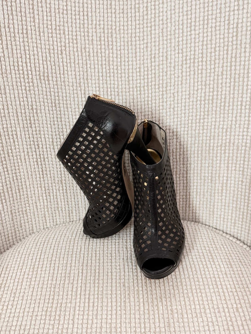 Michael Kors Black Laser-Cut Peep-Toe Heeled Booties
